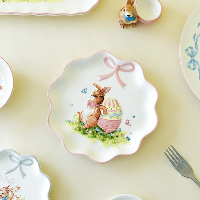 Cerámica de Pascua dibujos animados conejo cubiertos adornos encantadores set de platos para el hogar nuevos productos en stock