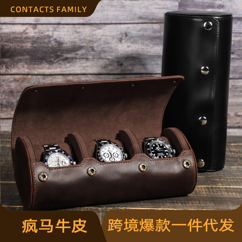 Contacts Family Travel Portable Anti-Fall Watch Box Three-Position Mechanical Watch Storage Box Genuine Leather