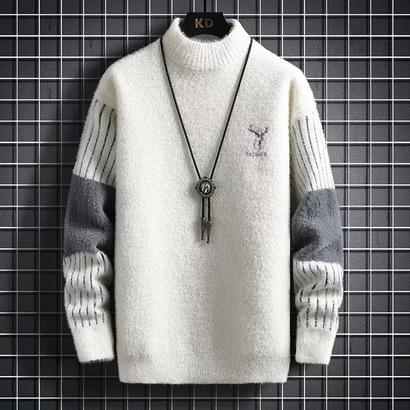 青年水貂绒毛衣男士加厚秋冬季新款加绒学生半高领套头打底针织衫