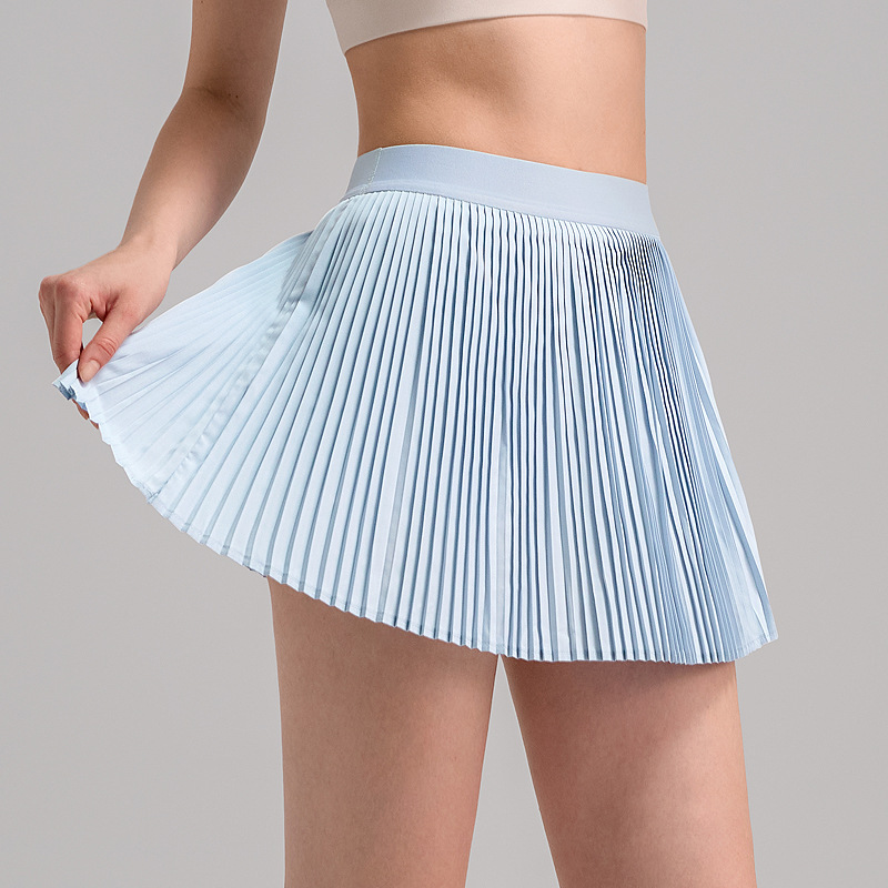 Órgano plegado vestido deportivo corto de velocidad de mujer ropa de yoga transpirable vestido de fitness falso dos piezas anti-luz falda de tenis plegado