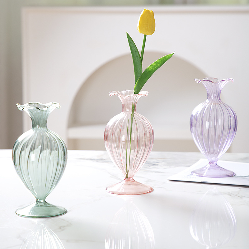 Vintage francés en relieve jarrón de vidrio hidropónico transparente arreglos de flores sala de estar decoración de mesa ornamentos artesanías