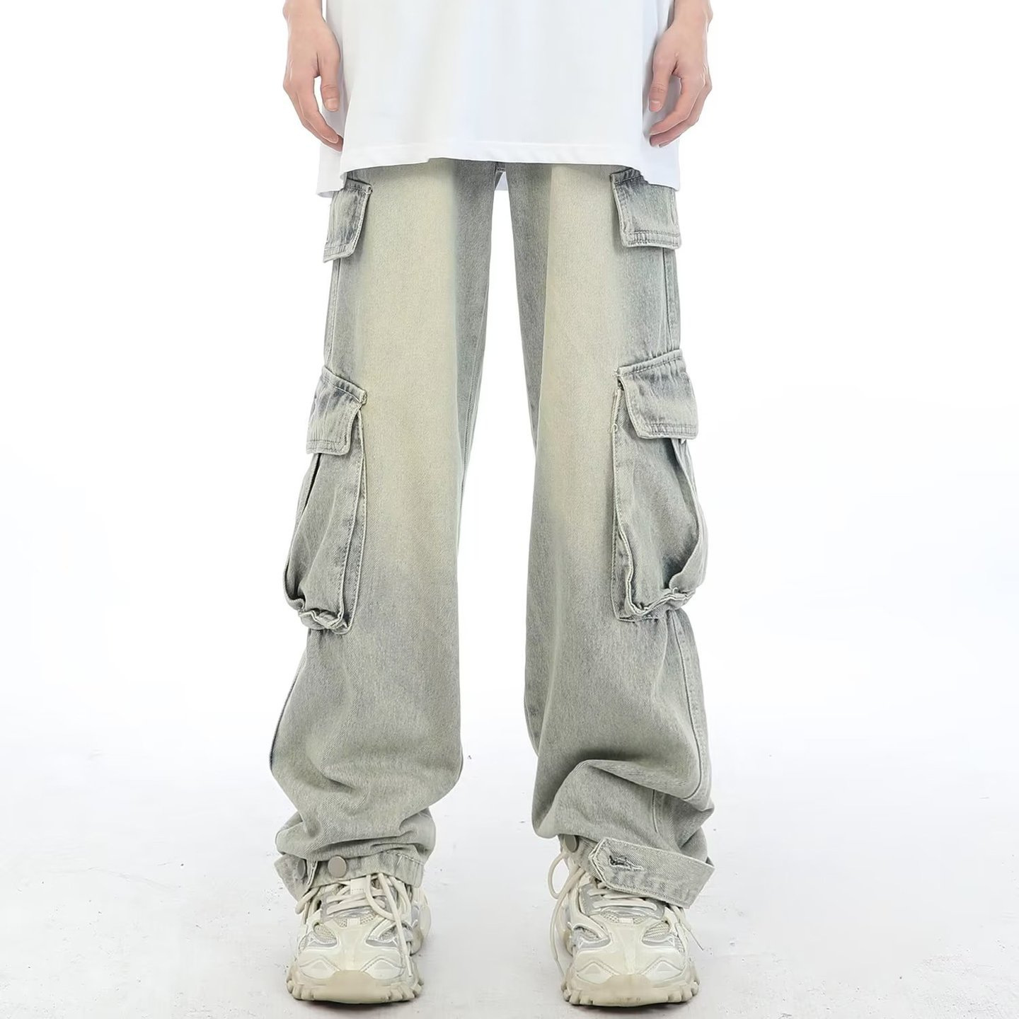 Jeans cargo multitasche stile retrò americano da uomo, pantaloni lunghi lavati vintage, stile streetwear pesante_voghion.com