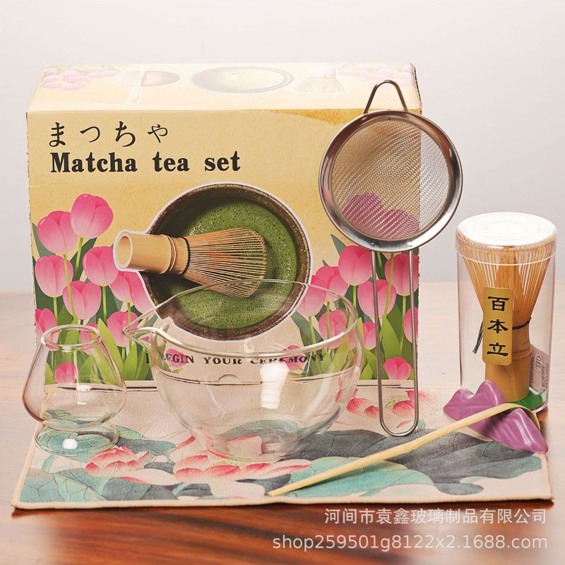 跨境专供日式新款玻璃抹茶碗套装点茶工具茶筅立玻璃碗组盒套装|undefined