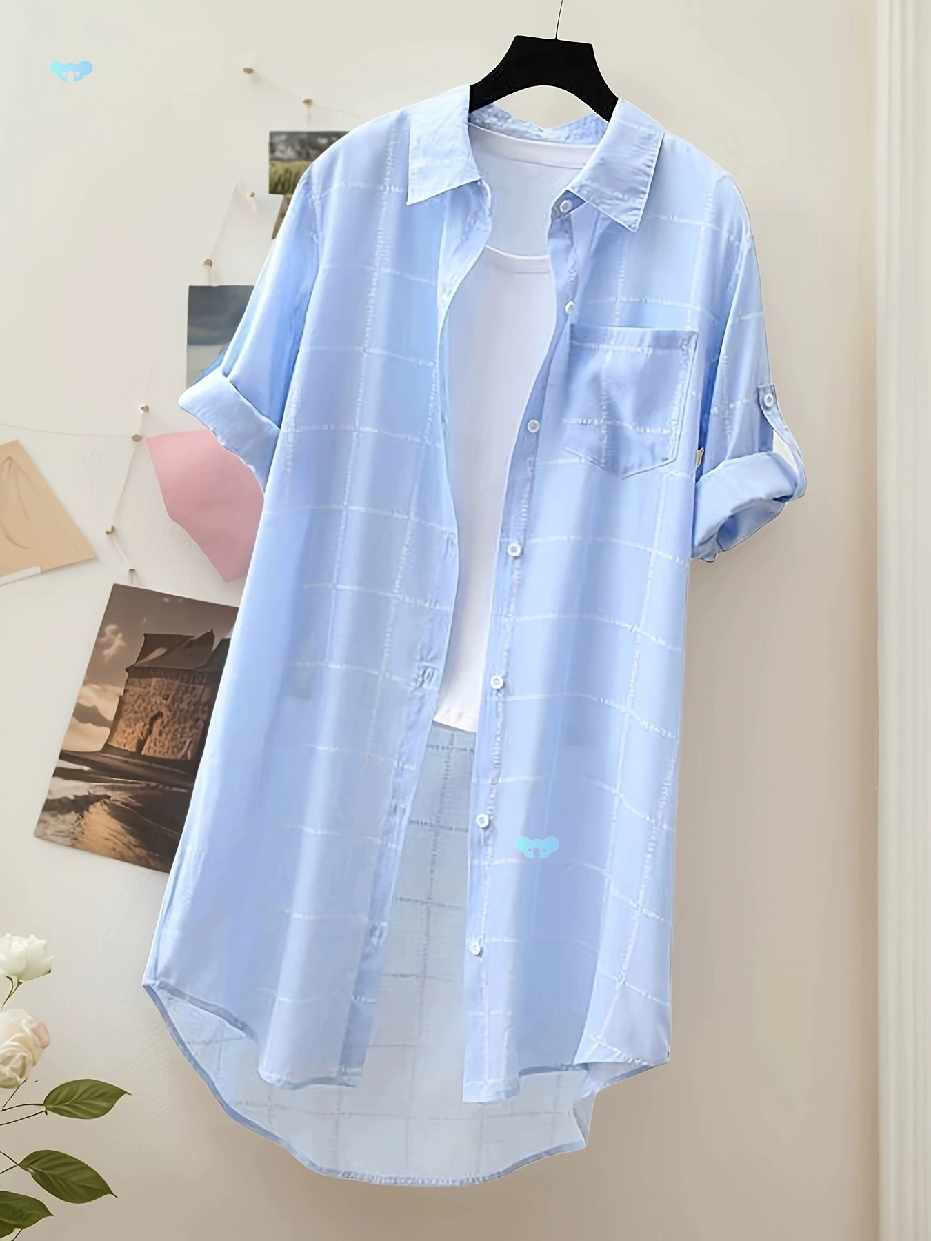 Синяя клетчатая рубашка, женский длинный летний наряд, трансграничный