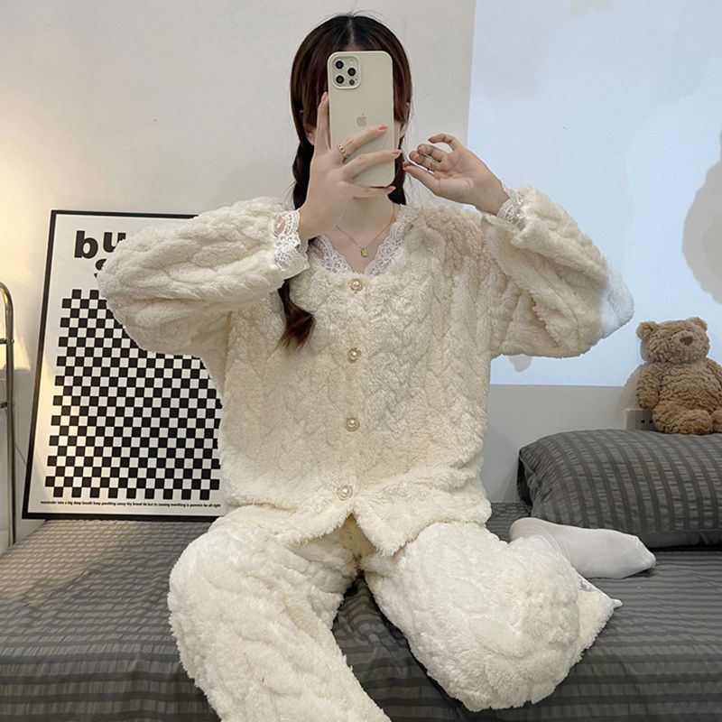 Transmisión en vivo transfronteriza 260g Jacquard encaje pequeño viento cardigán de invierno grueso pijama de mujer ropa de casa