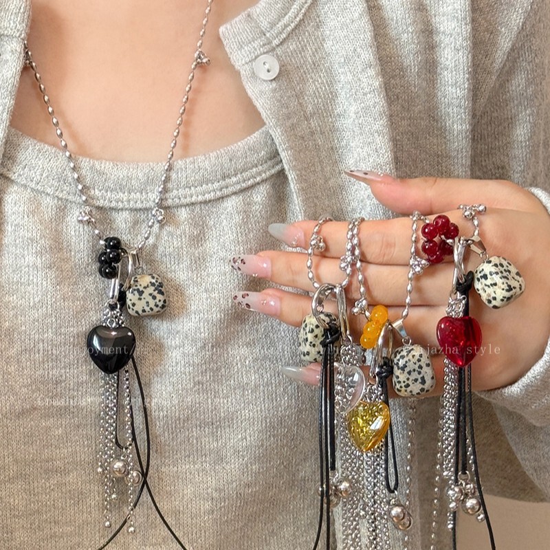 Blogger's Same Multi-Element Natural Spotted Stone Necklace for Women Autumn and Winter Heart Grape Pendant Long Sweater Chain Accessories