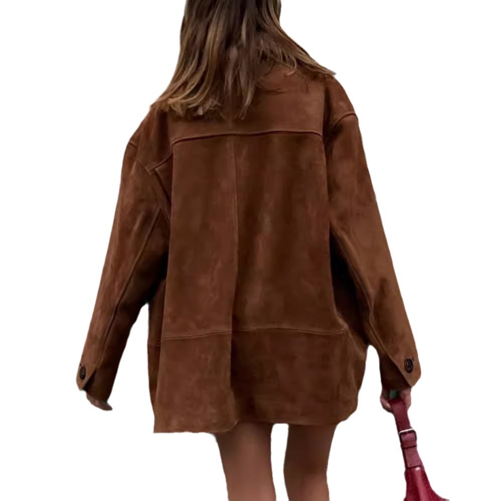 Damenbekleidung Real Shot Retro Revers Langarm Knopfjacke Mode Damen Loose Street Style Taschenjacke_voghion.com