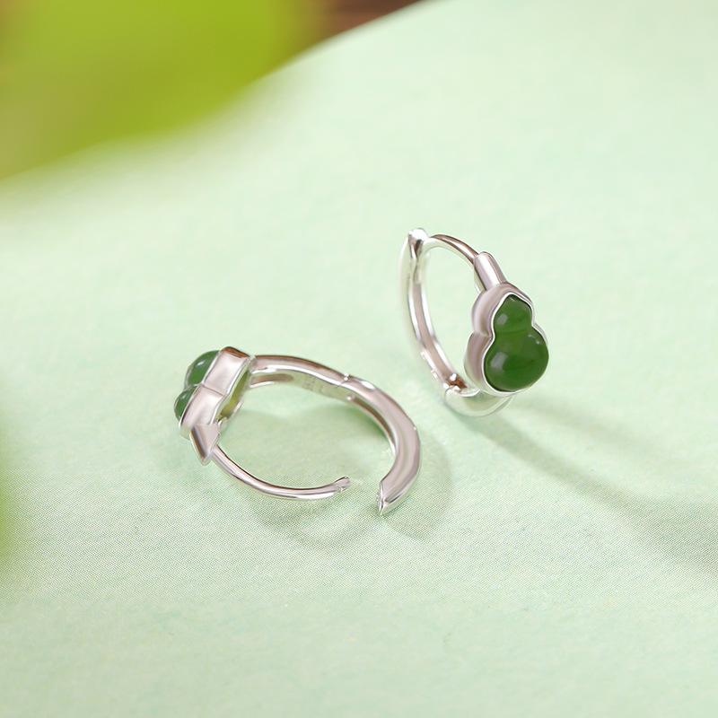 Khuyên tai bạc S925 hình hươu đính ngọc bích phong cách cổ điển — Một cặp