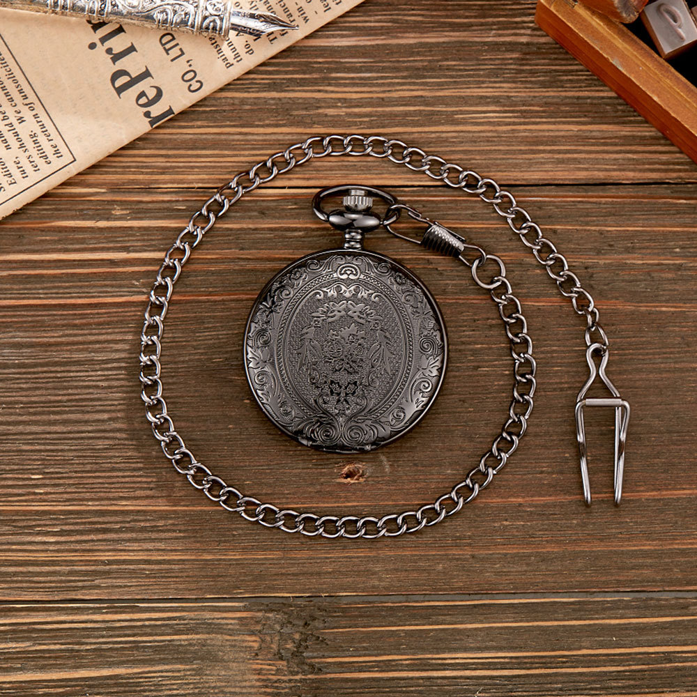 Relógio de bolso esqueleto vintage gravado com colar presente_voghion.com