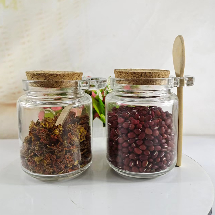 新款软木塞玻璃储物罐带耳朵可放木勺密封玻璃瓶花茶糖果收纳瓶