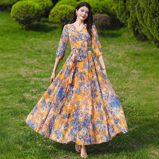 洋气妈妈装度假风印花连衣裙女2025夏季新款洋气七分袖遮肉大摆裙