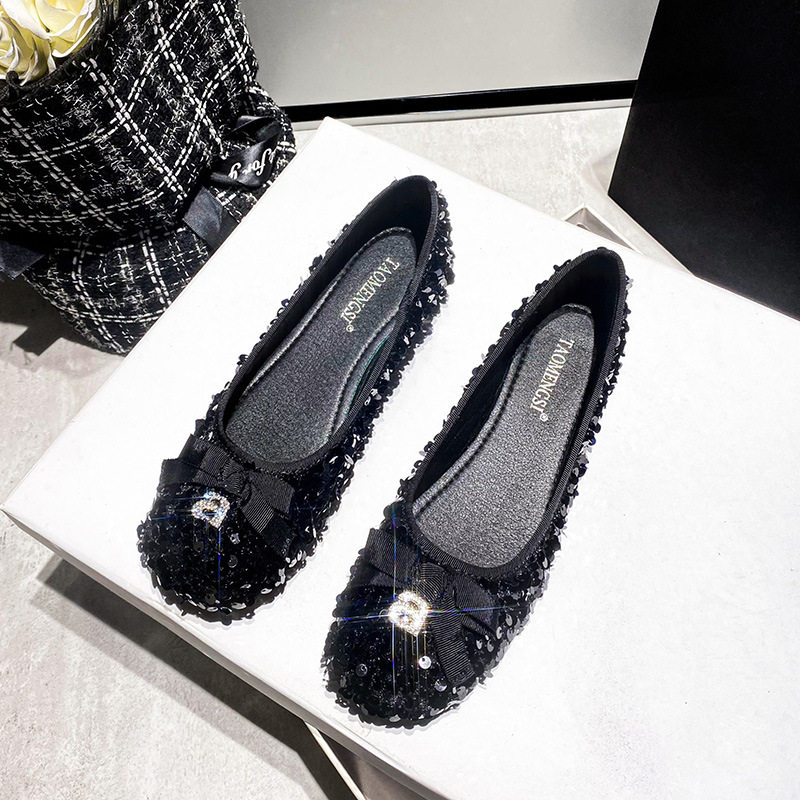 Giày búp bê nữ mũi vuông đế nhỏ đính sequin nơ, kiểu Mary Jane lười gót thấp 1–3 cm — Màu bạc, Màu đen