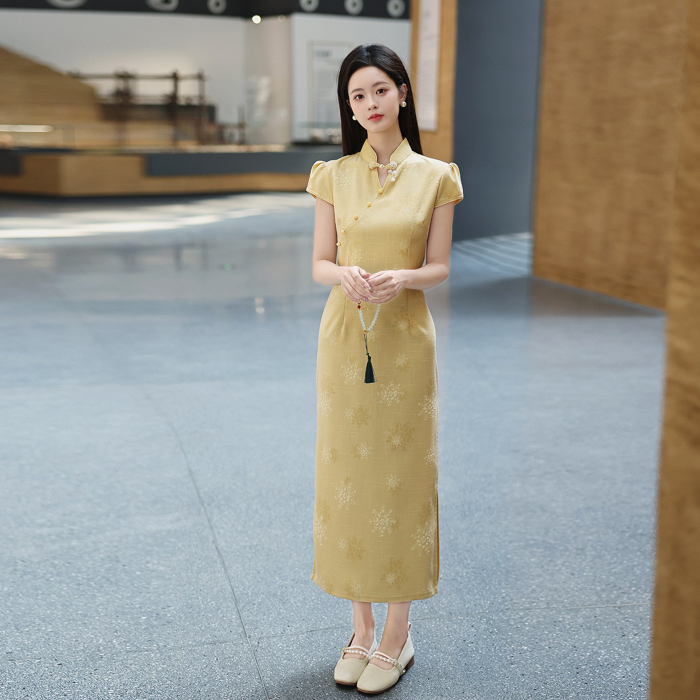 绝美新中式改良旗袍设计感黄色印花连衣裙女修身显瘦少女感气质裙