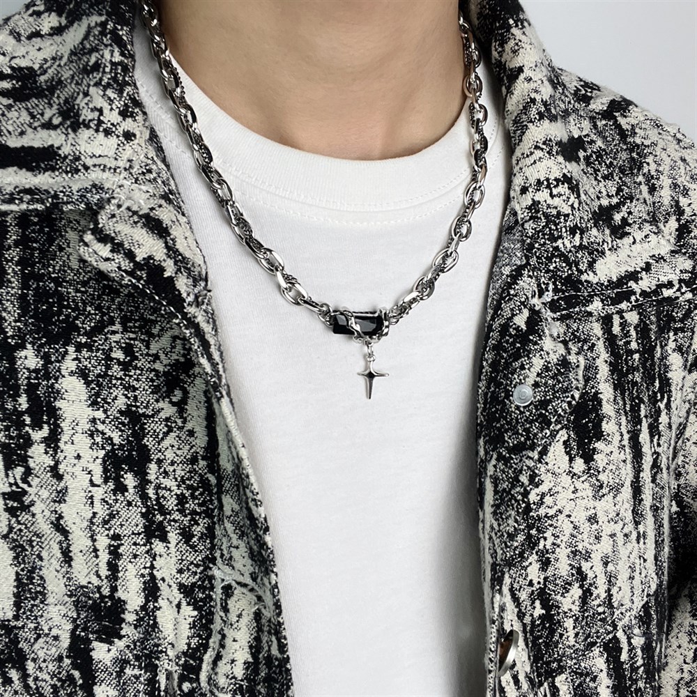 Herren Halskette Mit Schwarzem Diamant Stern Anhänger Layer Set_voghion.com