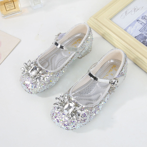 Girls leather shoes high heels  new autumn sequined fashion little girl crystal princess shoes factory direct sale