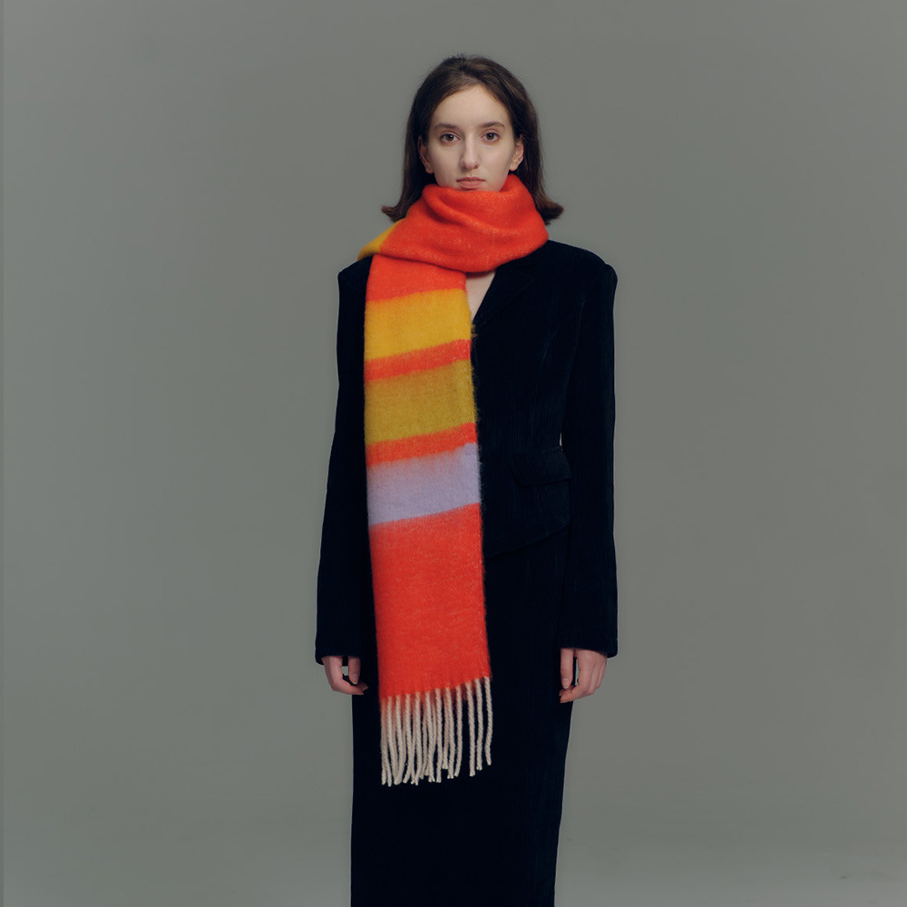 Designer-Schal mit Fransen aus Kaschmirimitat in Regenbogenfarben mit passenden Streifen für Damen im Herbst-/Winter-Stil mit weichem, verlängertem Halsausschnitt_voghion.com