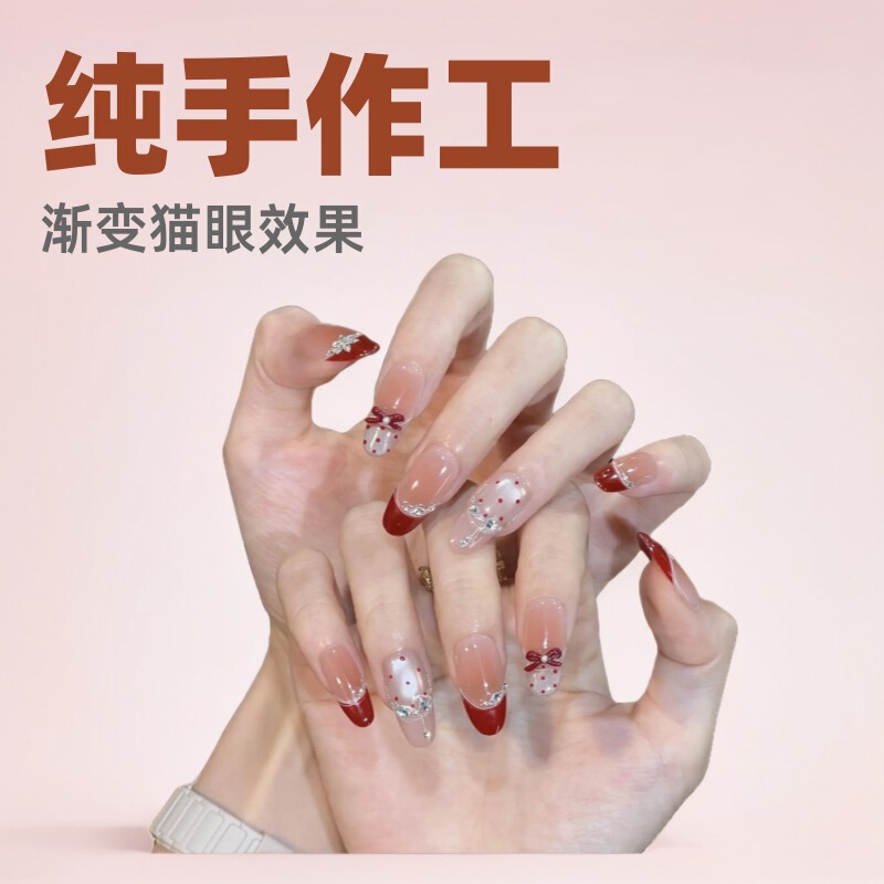 French-Style Spicy Girl Handmade Nail Tips, Pure Handmade, Dazzling Cat-Eye Effect, Brightening Effect, Bowknot Nail Stickers Wholesale French-Style Spicy Girl Handmade Nail Tips, Pure Handmade, Dazzling Cat-Eye Effect, Brightening Effect, Bowknot Nail Stickers Wholesale