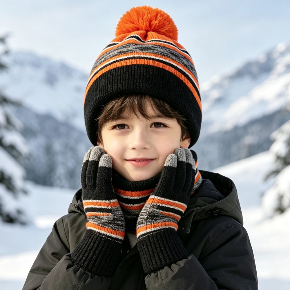 Winter Children's Hat Set with Color-Blocked Stripes, Fleece-Lined Warm Knit Hat, Scarf, and Gloves Three-Piece Set, High-Elastic Cold Weather Hat