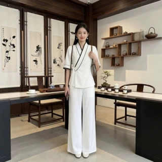 艾灸养生工作服女五分袖中式交领理疗技师服透气康养会所套装春夏