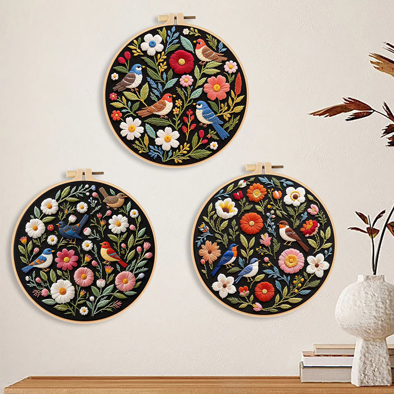 Nuevos productos bordados a mano diy flores y pájaros paquetes de materiales hechos a mano creativos de tela y aguja kits inglés