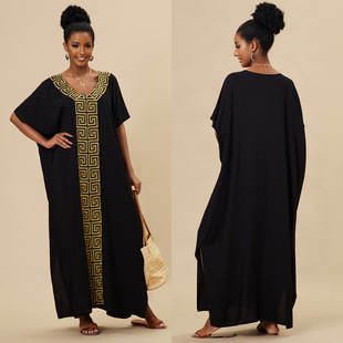 2025 New European and American Rayon Embroidered Beach Cover-Up Loose Robe Style Vacation Sun Protection Bikini Cover-Up Cross-Border