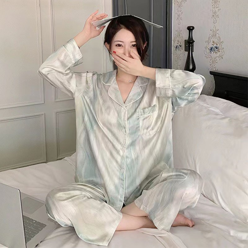 2025 새로운 봄 실크 잠옷 여성 봄, 가을 여성 겉옷 시뮬레이션 실크 여성 홈웨어 세트 도매