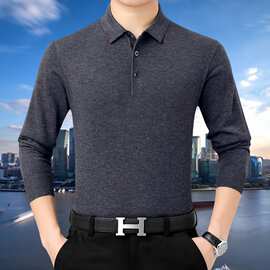 正品牌高档男士长袖体恤秋冬商务休闲羊绒t恤翻领简约舒适男装T恤
