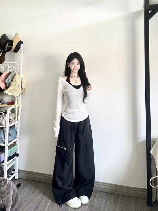 三件套女2025秋季纯欲风辣妹防晒长袖罩衫上衣吊带背心高腰阔腿裤|undefined