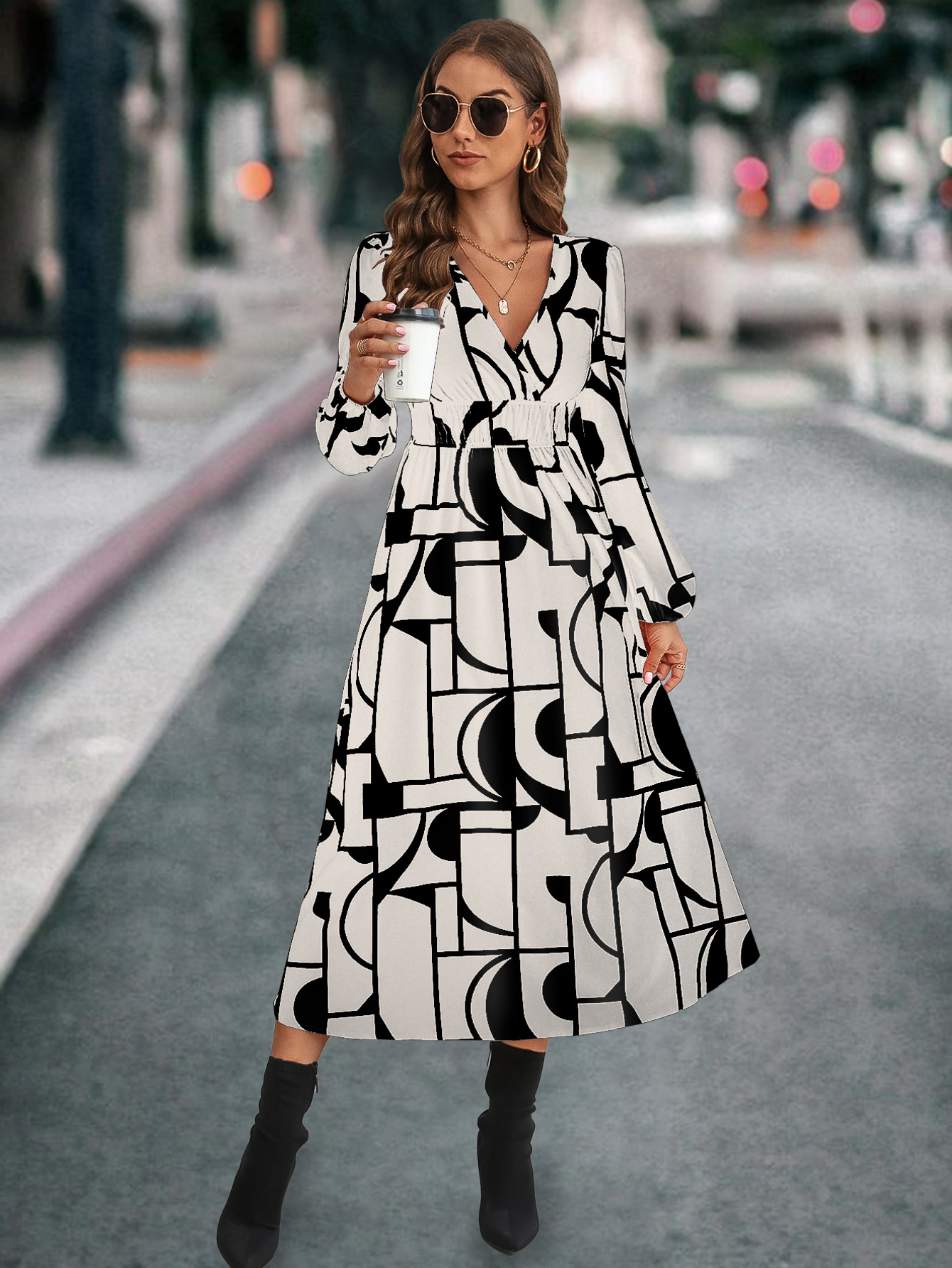 Robe imprimée à manches longues et col en V pour femmes, la plus vendue_voghion.com