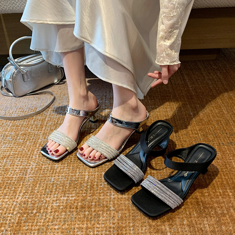 Rhinestone High-Heeled Open-Toe Sandals for Women, Summer Outdoor Wear, Thin Heel, Backless Sandals, Wide Fit, Large Size Women's Shoes 41-43 Rhinestone High-Heeled Open-Toe Sandals for Women, Summer Outdoor Wear, Thin Heel, Backless Sandals, Wide Fit, Large Size Women's Shoes 41-43