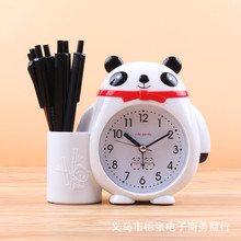 新款创小 熊猫笔筒闹钟 多功能学生床头时钟 儿童卧室小闹表批发