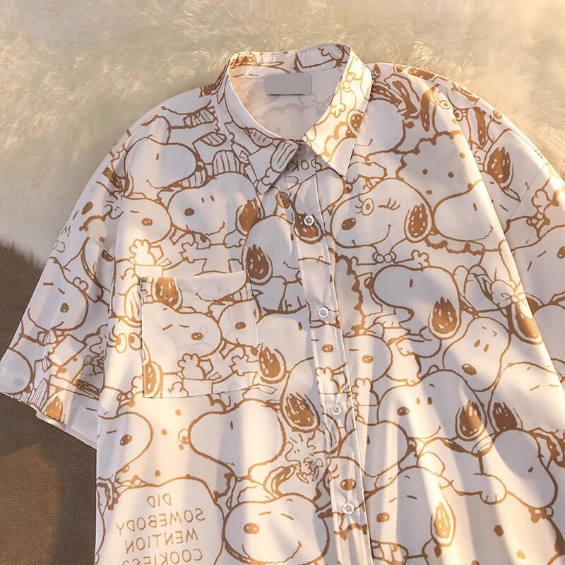 American Vintage Full Print Cartoon Snoopy Short Sleeve Shirt Men's and Women's Summer Thin Design Niche Loose Top