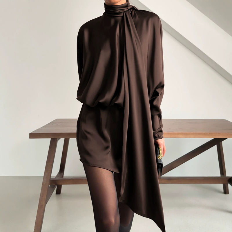 2026 Spring/Summer Imitation Satin Dress for Women, Elegant Brown Waist-Cinching Bodycon Short Dress with Ribbons, High-End Women's Fashion