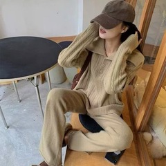 外贸款针织套装女秋冬新款宽松软糯麻花套头毛衣阔腿裤女装两件套
