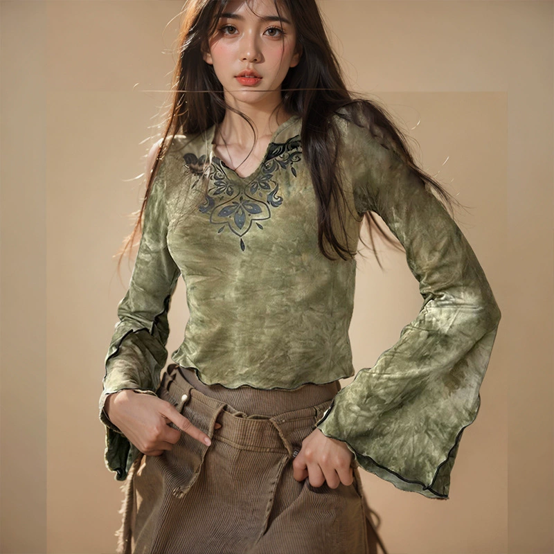 C178TP европейская и американская горячая девушка новый V-образный ретро-стиль с принтом и краской с длинными рукавами