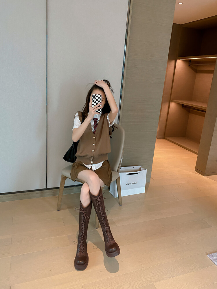 Boot lưới da thật cổ cao đế dày thoáng khí mùa xuân hè phong cách kỵ sĩ buộc dây — Màu nâu ống lớn, Màu đen cổ ống lớn, Ống nhỏ màu đen, Ống nhỏ màu be chi tiết 14