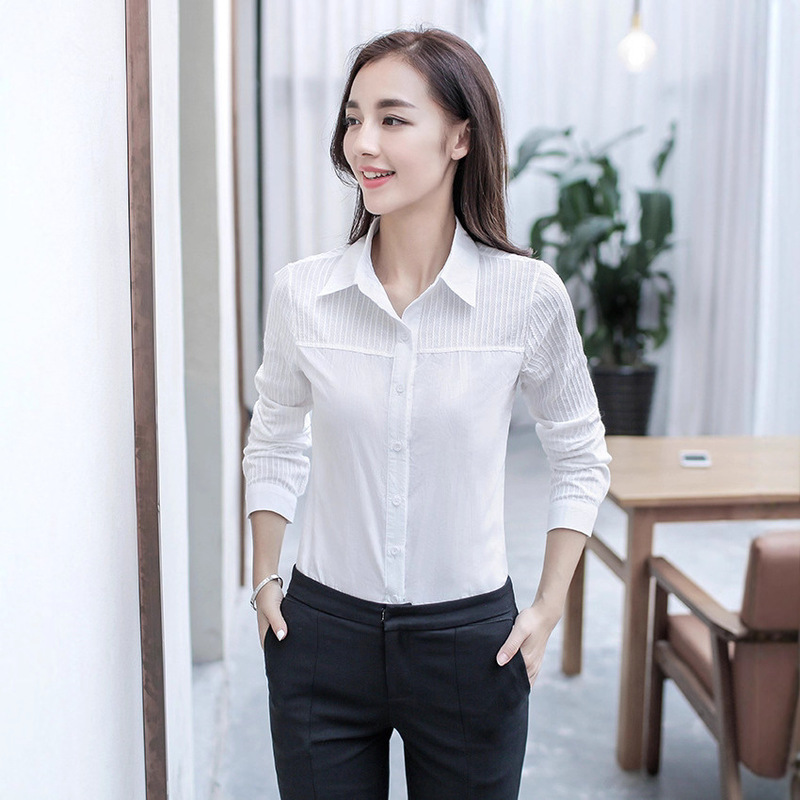 2023 Spring New Style Women's Long-Sleeved Doll Collar White Shirt Cotton Slim Bottoming Professional Suit Shirt for Women