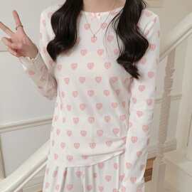 韩国ins女士春秋新品韩系爱心小花简约舒适睡衣套装休闲家居服女