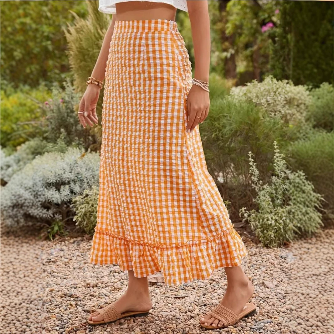 Трансграничный новый 2025 Европа и США Амазонка Летняя элегантная клетчатая юбка с высокой талией