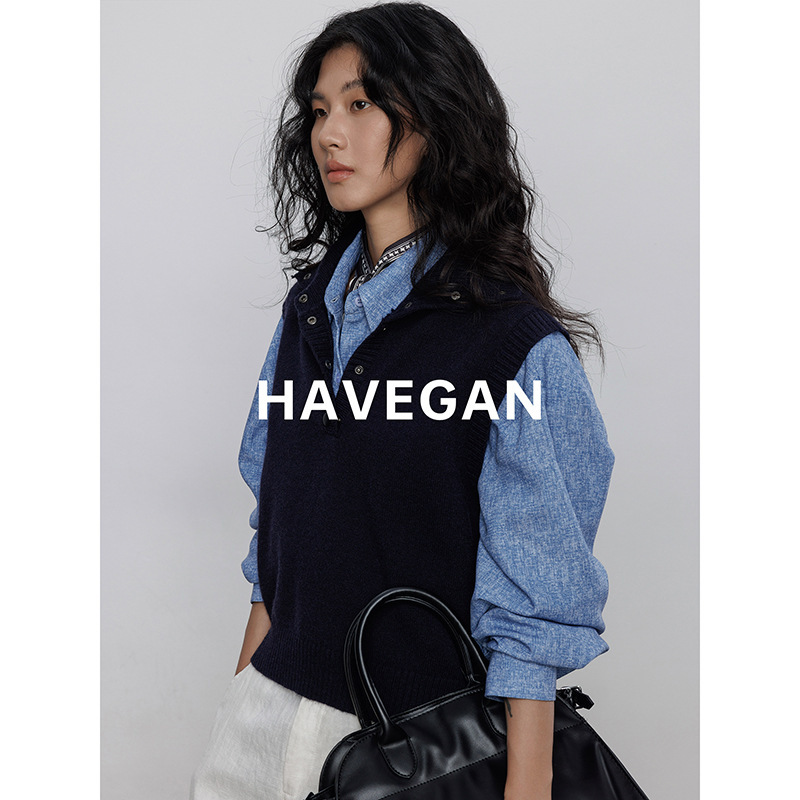 与间HAVEGAN/秋季翻领无袖针织马甲女软糯外穿毛衣背心慵懒上衣|undefined