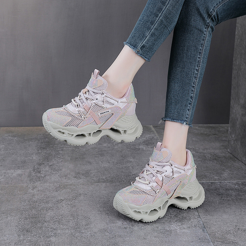 Giày sneaker nữ chunky đế dày da phối đá mesh thoáng khí — màu hồng
