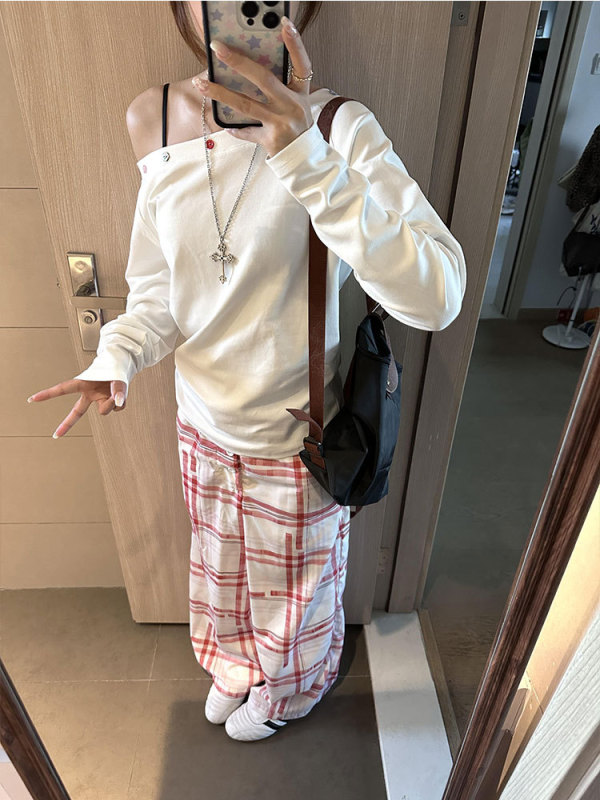 白色斜肩长袖T恤女早秋季设计感露肩纯欲气质慵懒风收腰显瘦上衣|undefined