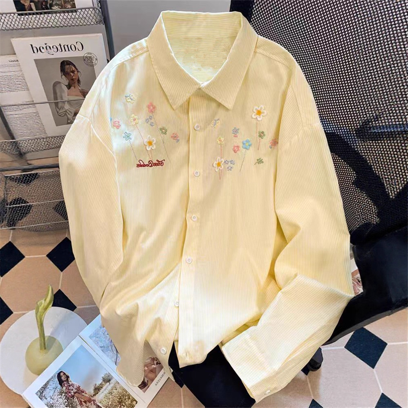 Embroidered Striped Shirt Jacket Women's Layered Top Early Autumn Spring Loose Casual Sun Protection Cardigan Shirt Outerwear