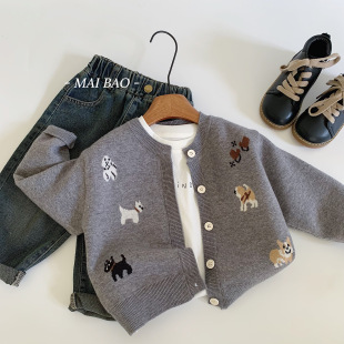 Mabao Kidsren's Sweater 2025 Autum New Cartoon Puppy Print Single-Breasted Cardigan Boys Korean Style Jacket Trendy