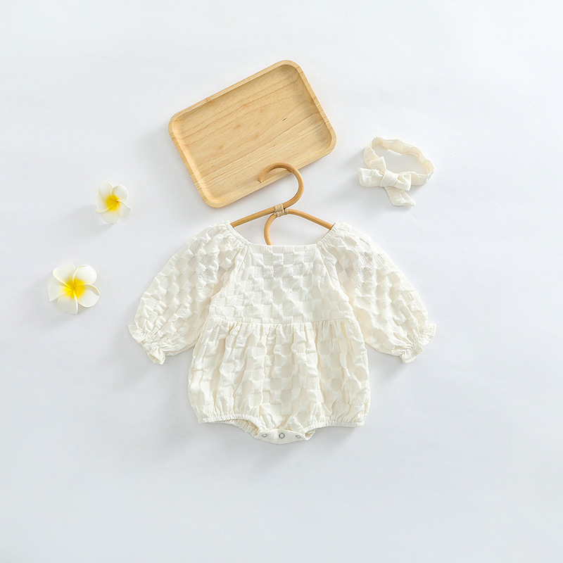 Estilo coreano ins niñas bebé burbuja tela cuello cuadrado mameluco recién nacido suave todo partido tres mamelucos con pañuelo en la cabeza moda