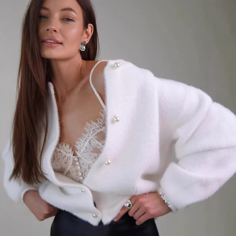 White Knitted Cardigan for Women, New Spring and Autumn Style, Fluffy and Soft Top, Loose and Lazy Style, Faux Mink Sweater Coat