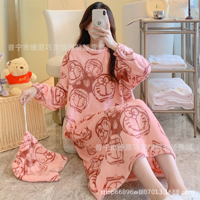 Pijamas de mujeres otoño invierno de franela lindo dibujo animado 2024 nuevo coral de lana gruesa falda cálida ropa para el hogar