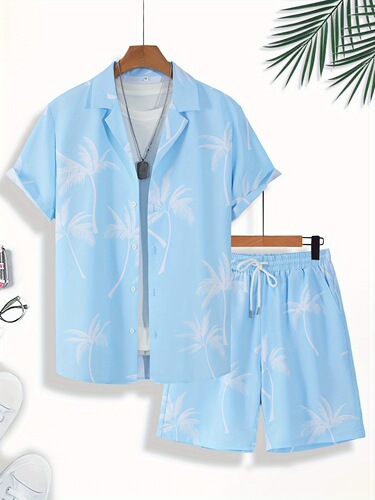 Men's Summer Tropical Palm Tree Print Pajama Set Polyester