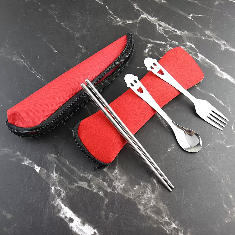 不锈钢餐具三件套叉子勺子筷子开心笑脸儿童餐具便携布袋可印logo