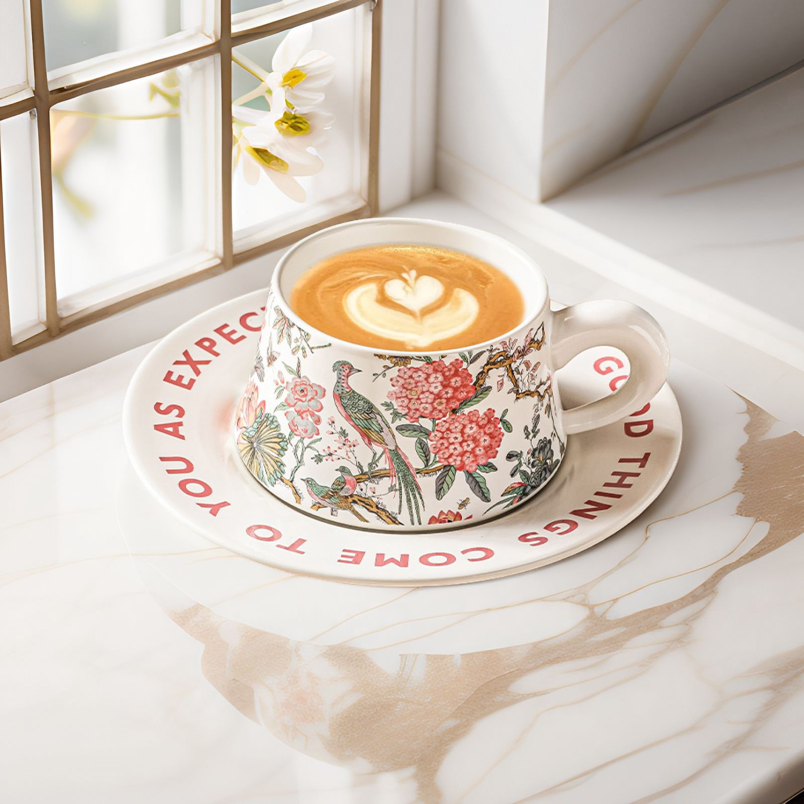 Diseñador original de alta gama retro de flores y pájaros, Qingluan, flores, tazas y platos, tazas de café, platos, tazas de desayuno, cerámica